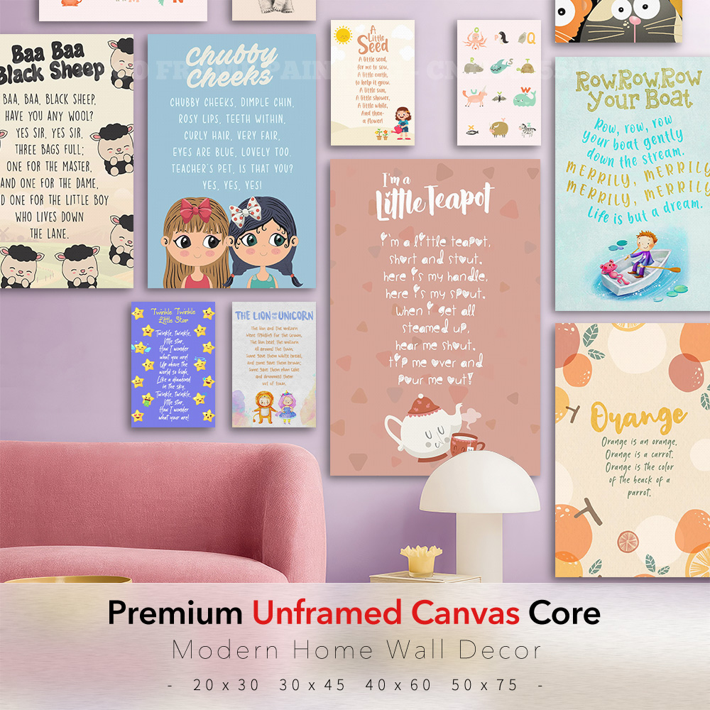 Kids Education Rhymes - เพลงกล่อมเด็กคลาสสิกโปสเตอร์ผ้าใบ ศิลปะติดผนังห้องเด็ก แกะดำ กาต้มน้ำ เรือ ดาว